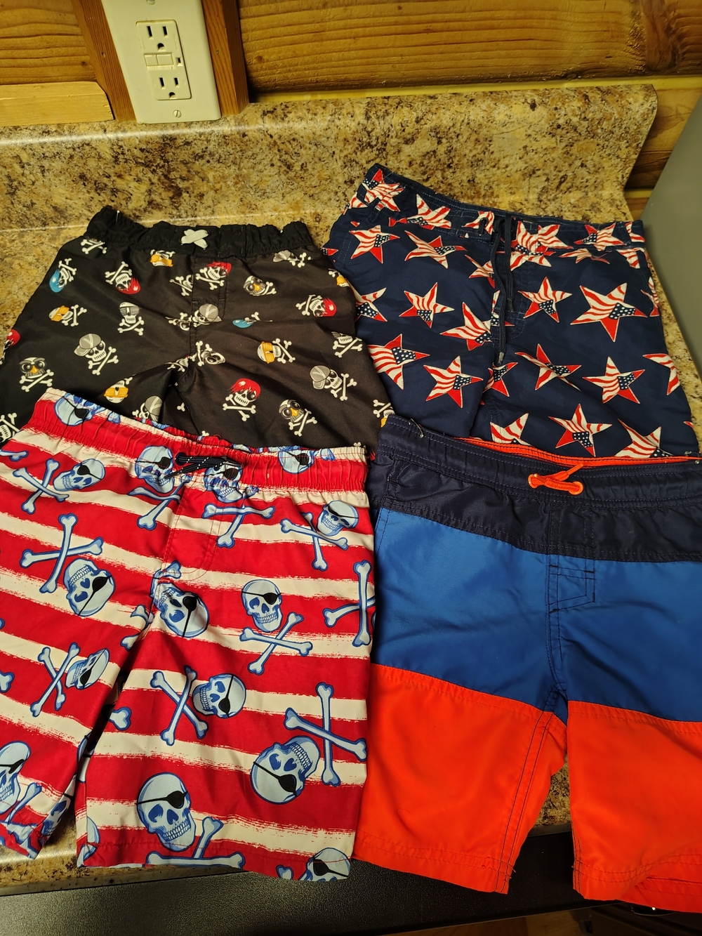 Kids Swim Shorts Pack - Red, Navy, Black & Blue Patriotic and Skull Prints